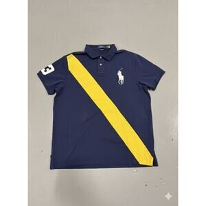 Polo Ralph Lauren Men's Polo Shirt 2XL Navy Blue Yellow Diagonal Stripe Big Pony
